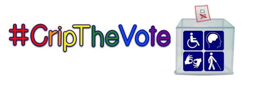 #CripTheVote hashtag in rainbow colors with different letters in red, orange, yellow, green, blue, and purple against a white background. On the right of the hashtag is an image of a ballot box.