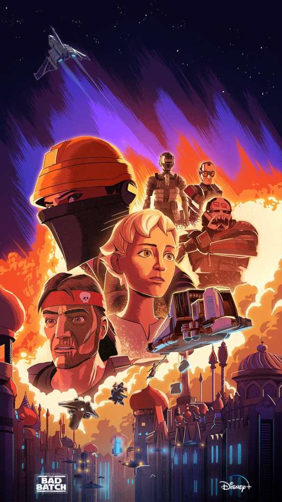 Star Wars: The Bad Batch mobile device wallpaper by Guy Shield featuring characters from the show: Fennec Sand, Omega, Hunter, Wrecker, Tech, and Echo Source: https://www.starwars.com/series/star-wars-the-bad-batch