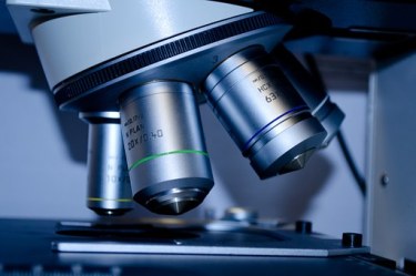 Photo of a microscope with multiple lenses and a flat platform for viewing slides.