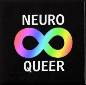 Image of a logo: Rainbow möbius/infinity on black background with words on white: neuro queer. 